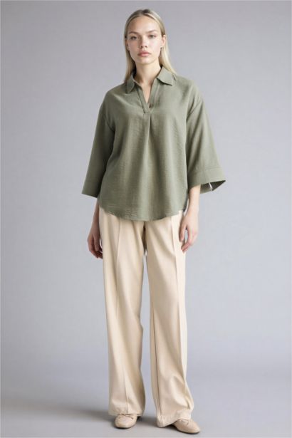 Regular Fit Shirt Collar Long Sleeve Blouse