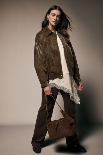 Su Geçirmez Dad Fıt Polo Yaka Suni Deri Mont