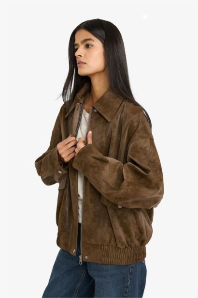 Su Geçirmez Dad Fıt Polo Yaka Suni Deri Mont