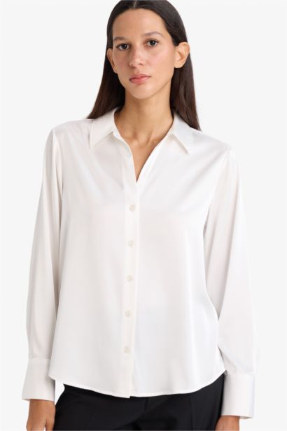 Regular Fit Shirt Collar Satin Long Sleeve Shirt