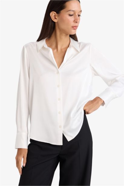 Regular Fit Shirt Collar Satin Long Sleeve Shirt