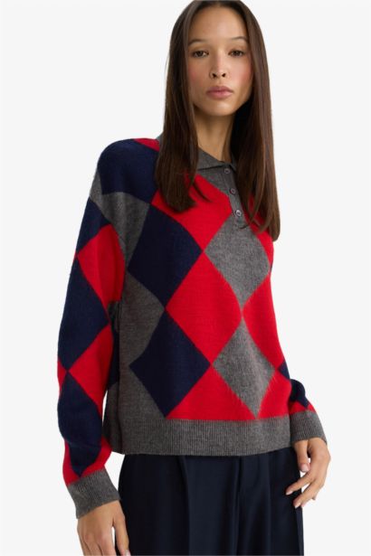 Regular Fit Polo Yaka Baklava Desenli Triko Kazak