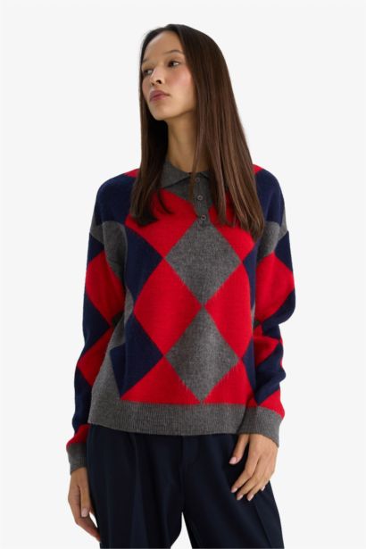 Regular Fit Polo Yaka Baklava Desenli Triko Kazak