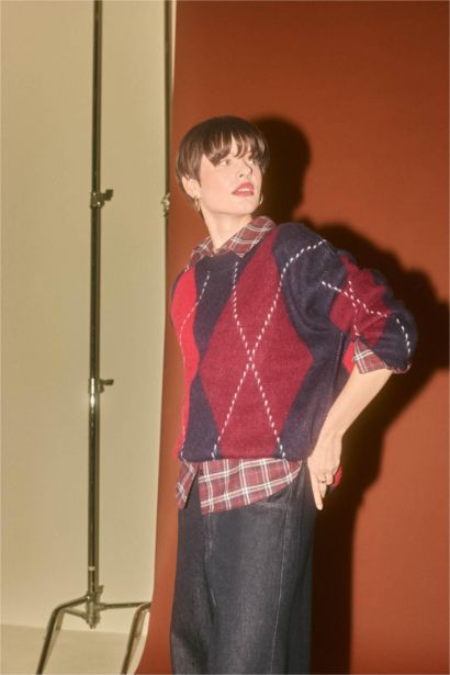 Oversize Geniş Kalıp Bisiklet Yaka Baklava Desenli Triko Kazak