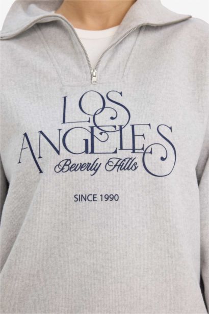 Regular Fıt Yarım Fermuarlı Baskılı Sweatshirt