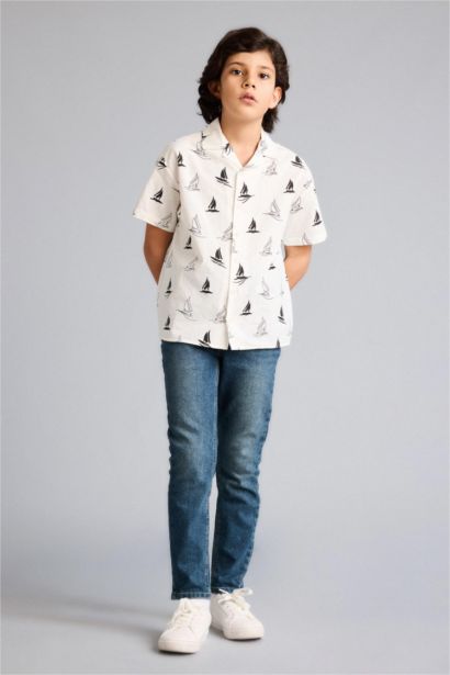 Boy Polo Neck Tropical Pattern Printed Fabric Oversize Shirt