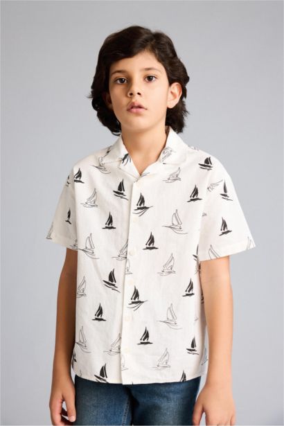 Boy Polo Neck Tropical Pattern Printed Fabric Oversize Shirt