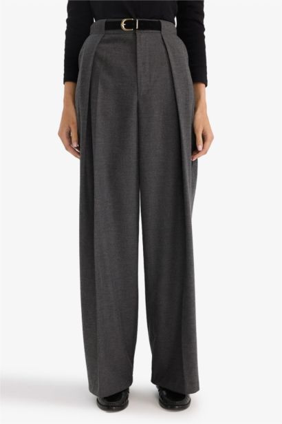 Wıde Leg Çift Cepli Yüksek Bel Düz Paça Pantolon