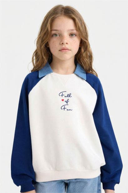 Girl Slogan Printed Polo Collar Sweatshirt