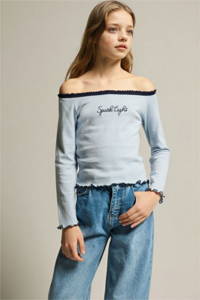 Girl Carmen Collar Slogan Print Long Sleeve T-Shirt