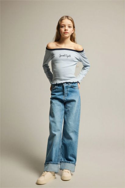 Girl Carmen Collar Slogan Print Long Sleeve T-Shirt