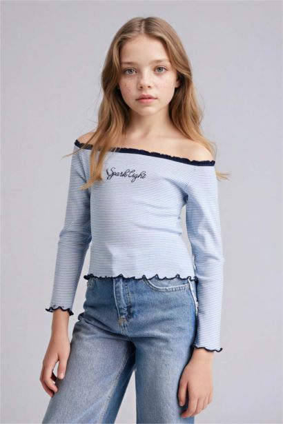 Girl Carmen Collar Slogan Print Long Sleeve T-Shirt