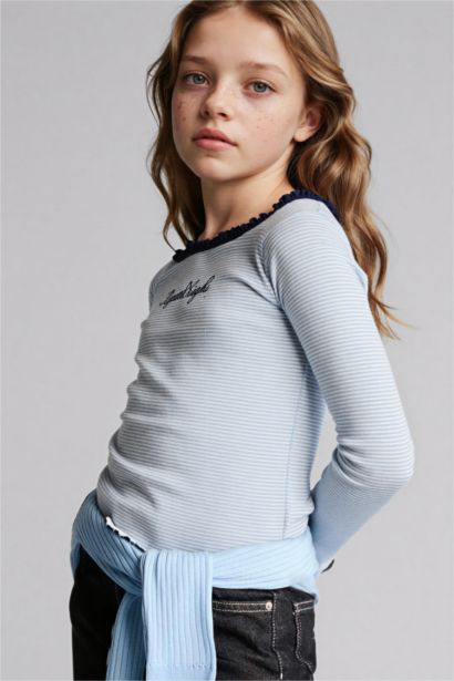 Girl Carmen Collar Slogan Print Long Sleeve T-Shirt