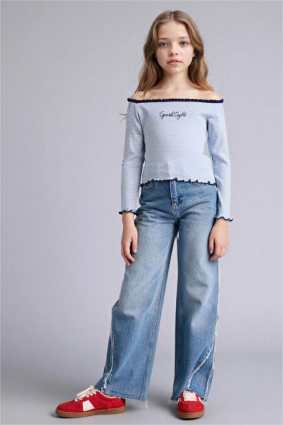 Girl Carmen Collar Slogan Print Long Sleeve T-Shirt