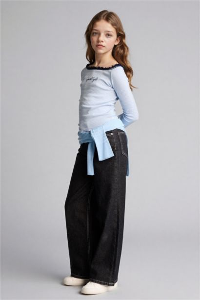 Girl Carmen Collar Slogan Print Long Sleeve T-Shirt