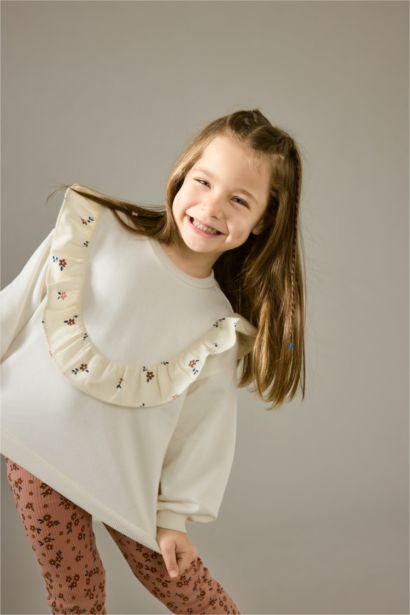 Baby Girl Overshirt Fit Crew Neck Floral Thick Fabric Sweatshirt