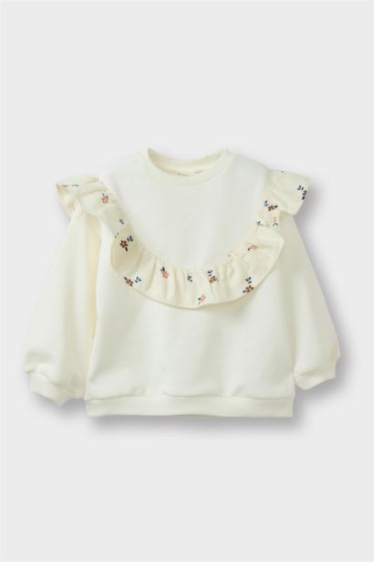Baby Girl Overshirt Fit Crew Neck Floral Thick Fabric Sweatshirt