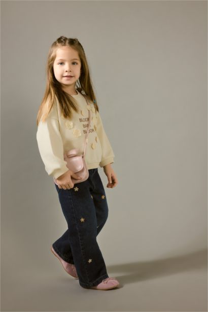 Baby Girl Oversize Fit Crew Neck Floral Thick Fabric Sweatshirt