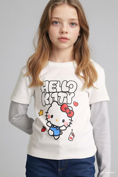 %100 Pamuk Hello Kitty Bisiklet Yaka Uzun Kollu Tişört Kız Çocuk