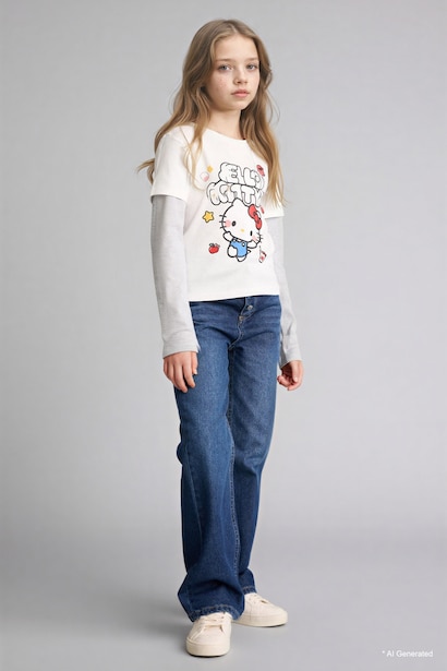 %100 Pamuk Hello Kitty Bisiklet Yaka Uzun Kollu Tişört Kız Çocuk