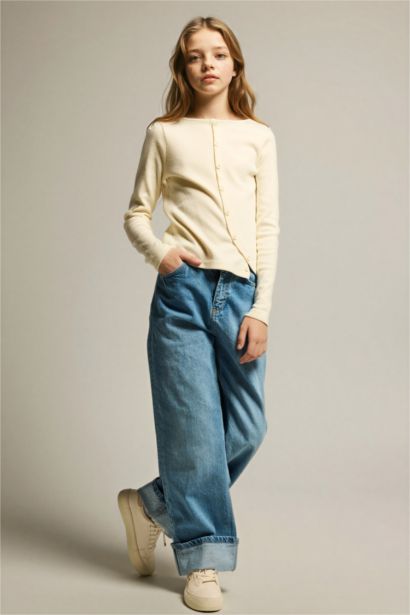 Girl Crew Neck Buttoned Long Sleeve T-Shirt