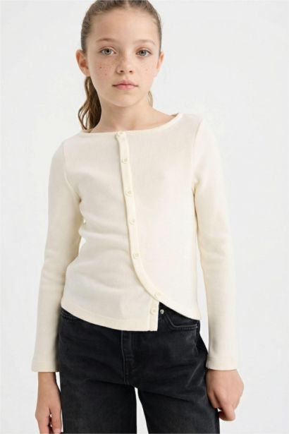 Girl Crew Neck Buttoned Long Sleeve T-Shirt