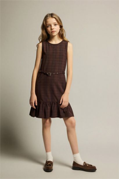 Girl Plaid Belted Sleeveless Dress