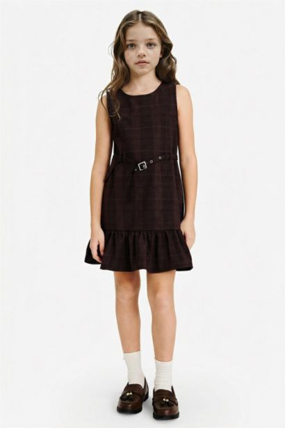 Girl Plaid Belted Sleeveless Dress
