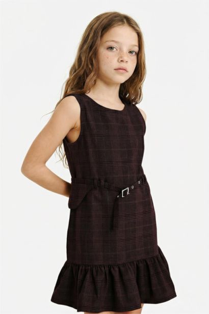 Girl Plaid Belted Sleeveless Dress