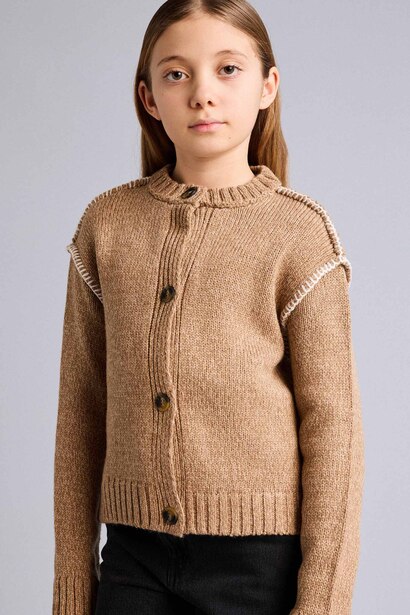 Girl Embroidered Crew Neck Cardigan