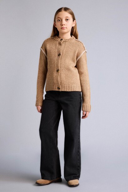 Girl Embroidered Crew Neck Cardigan