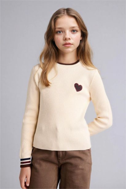 Regular Fıt Dik Yaka Nakışlı Kazak Kız Çocuk