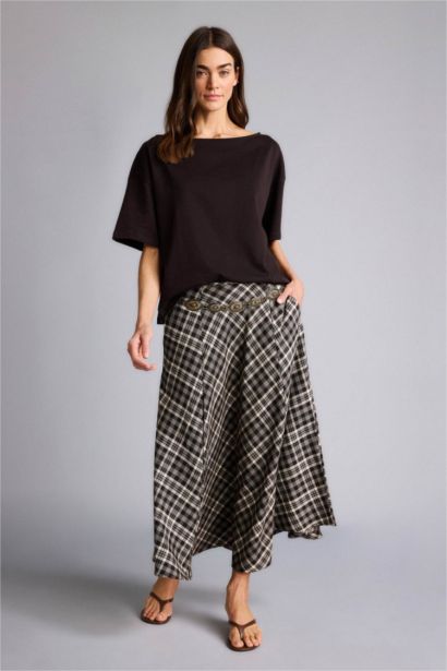 A Kesim Kareli Normal Bel Midi Etek