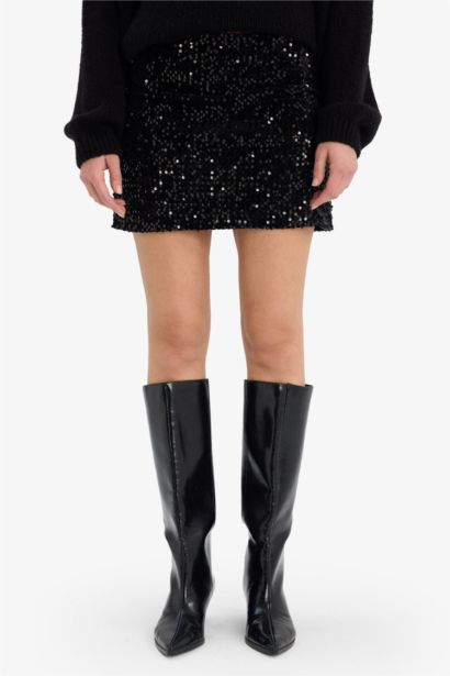 Kalem Normal Bel Astarlı Payetli Kumaş Mini Etek