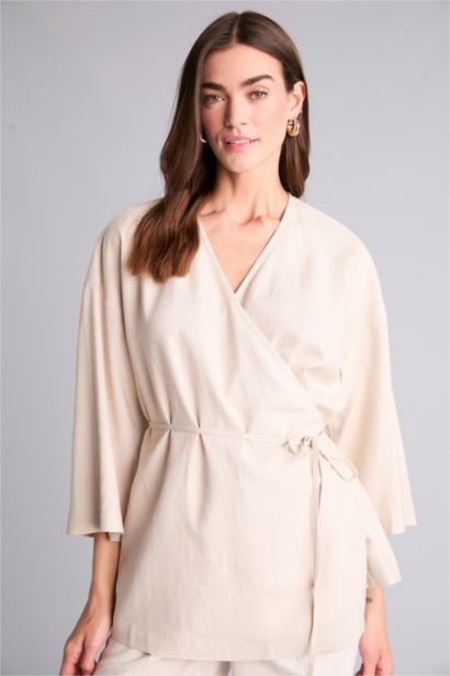 Oversize айқаспа жағалы зығыр аралас ұзын жеңді блузка