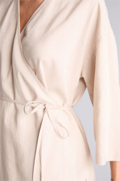 Oversize айқаспа жағалы зығыр аралас ұзын жеңді блузка