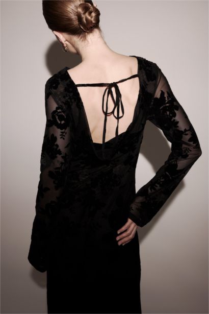 A Kesim Bisiklet Yaka Tül Uzun Kollu Elbise