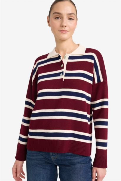 Oversize Fit Polo Collar Striped Pullover