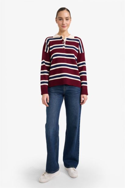 Oversize Fit Polo Collar Striped Pullover