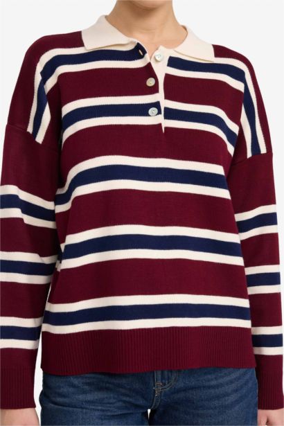 Oversize Fit Polo Collar Striped Pullover