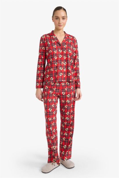 Pijama Takımı Regular Fit Ayıcık Desenli Kareli Uzun Kollu Üst Uzun Alt