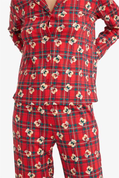 Pijama Takımı Regular Fit Ayıcık Desenli Kareli Uzun Kollu Üst Uzun Alt