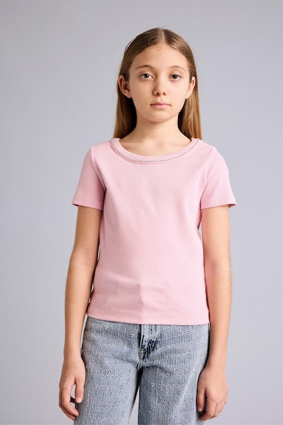 Girl Boat Neck Ribbed Short Sleeve T-Shirt