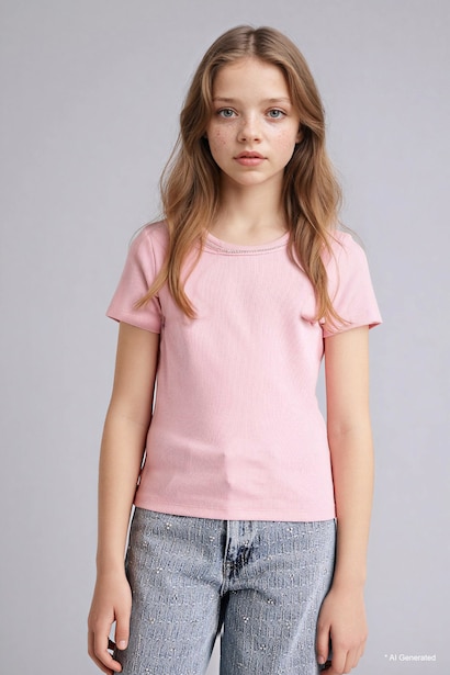 Girl Boat Neck Ribbed Short Sleeve T-Shirt