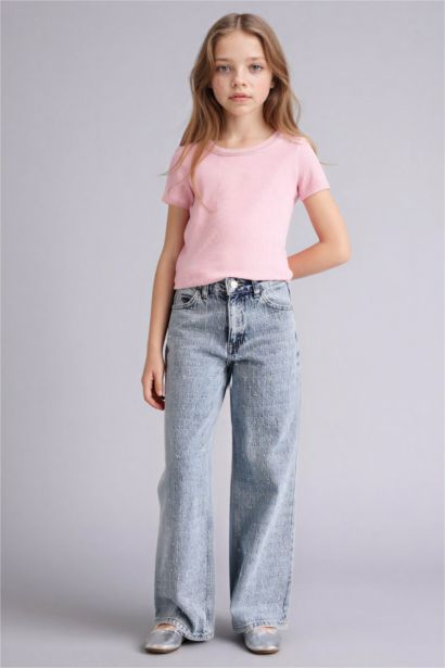 تيشيرت بناتي نص ردن مضلع وياخة عريضة