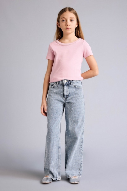 Girl Boat Neck Ribbed Short Sleeve T-Shirt