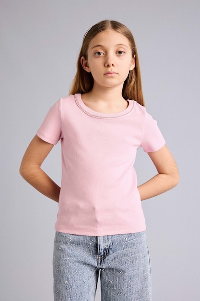 Girl Boat Neck Ribbed Short Sleeve T-Shirt