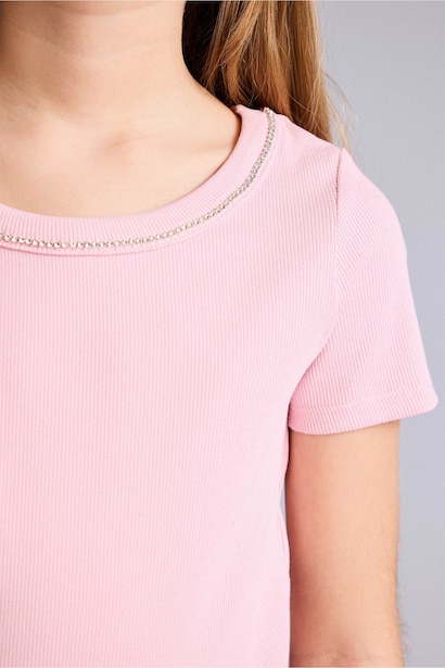 Girl Boat Neck Ribbed Short Sleeve T-Shirt