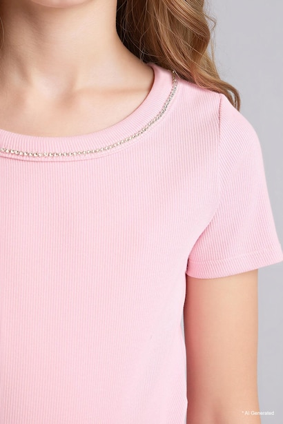 Girl Boat Neck Ribbed Short Sleeve T-Shirt