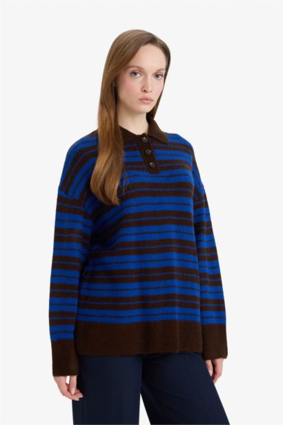 Loose Fit Polo Yaka Çizgili Triko Kazak Tunik